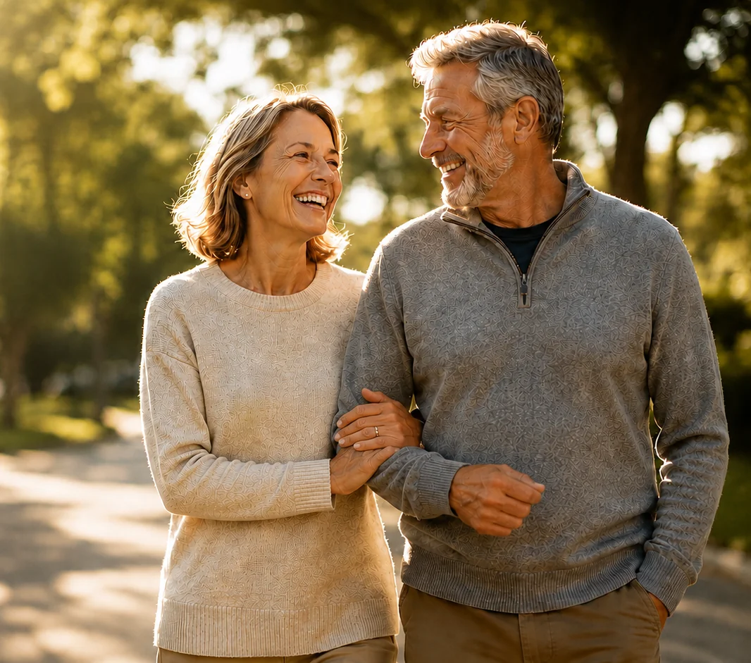 Casal caminhando ao ar livre e sorrindo um para o outro.